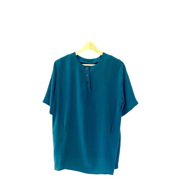 Casual Corner Blouse Teal Blue 100% Silk Top Button Back Short Sleeve Size M - Picture 2 of 5